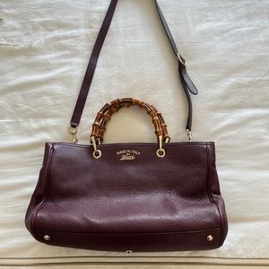 Authentic Gucci Bamboo Shopper Leather Satchel Bag Burgundy
